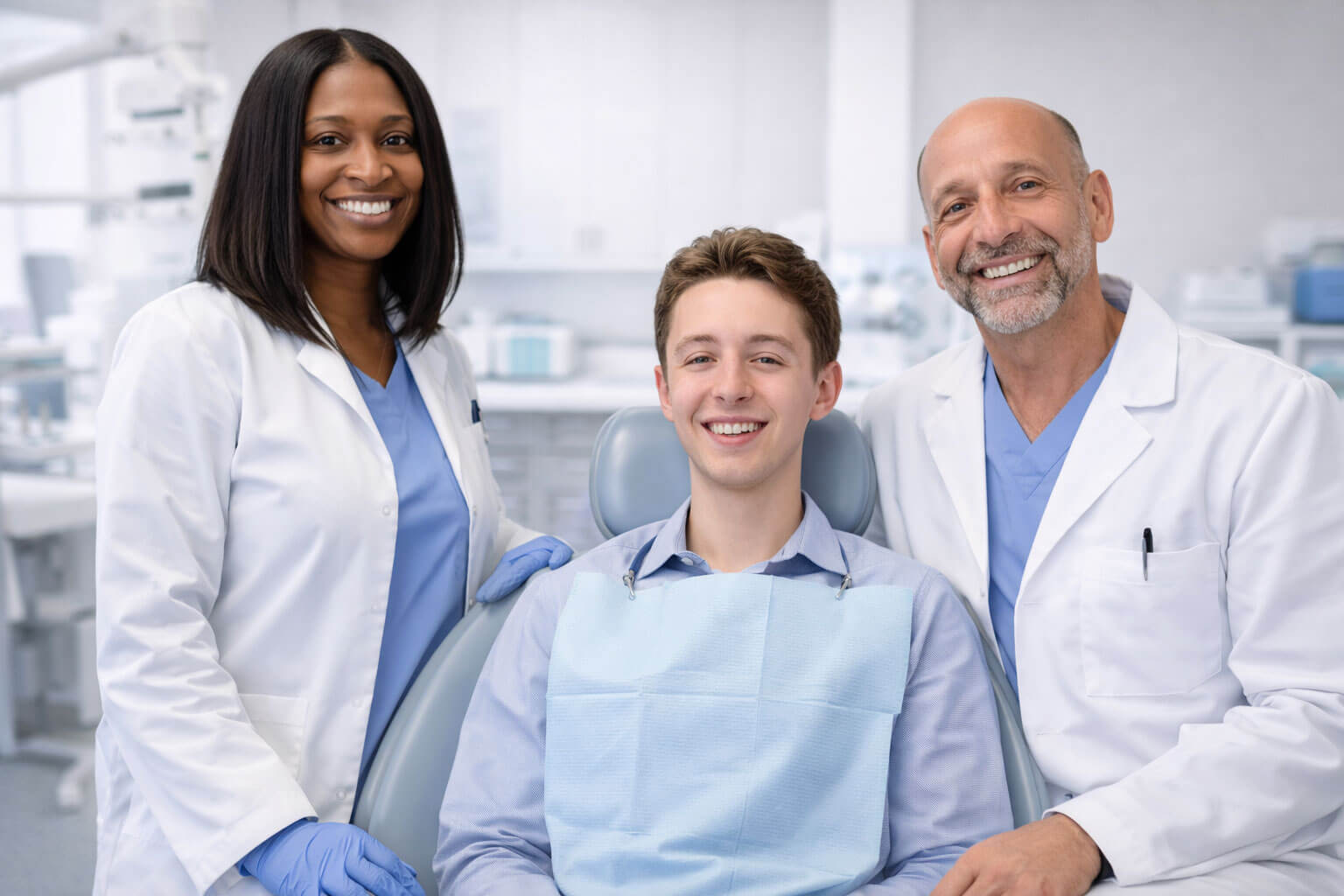 Smiling dental patient and professional